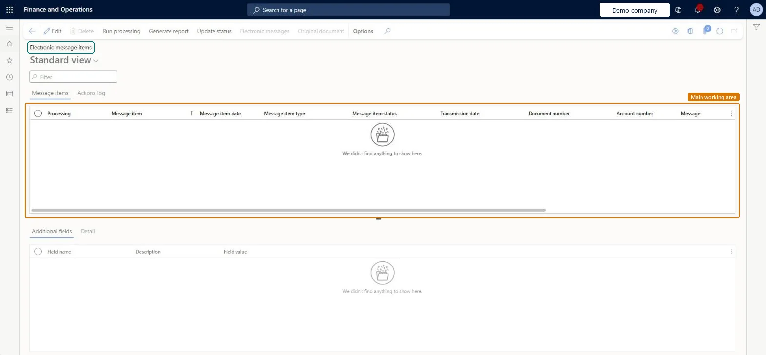 Electronic message items page in Dynamics 365