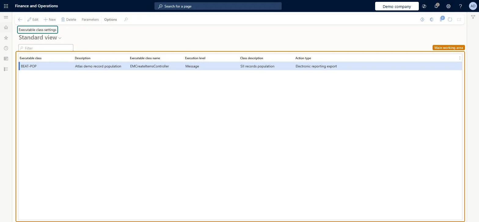 Executable class settings page in Dynamics 365