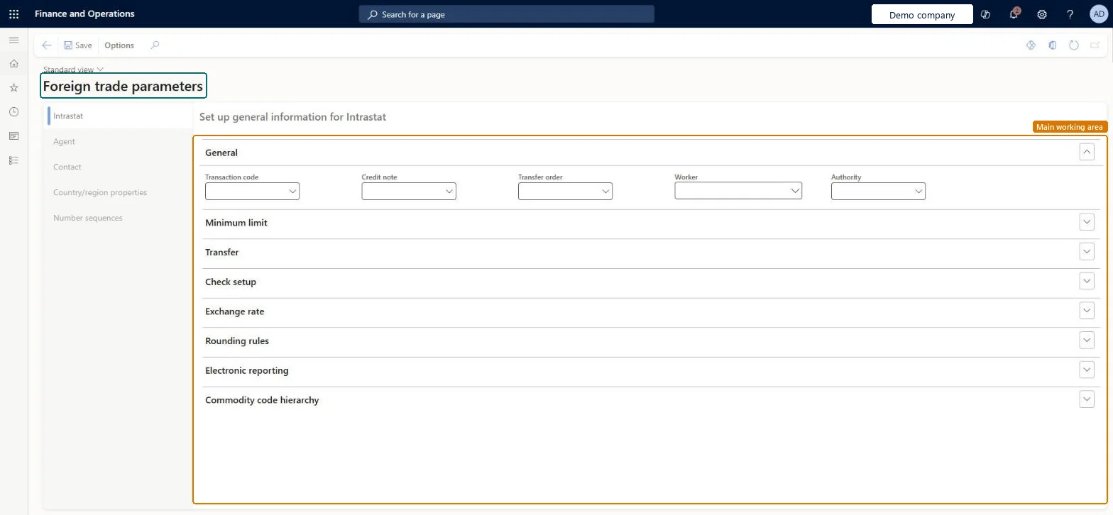 Foreign trade parameters page in Dynamics 365