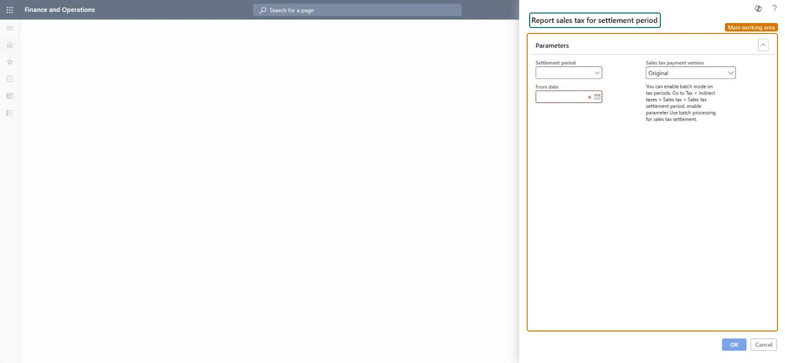 Report sales tax for settlement period page in Dynamics 365