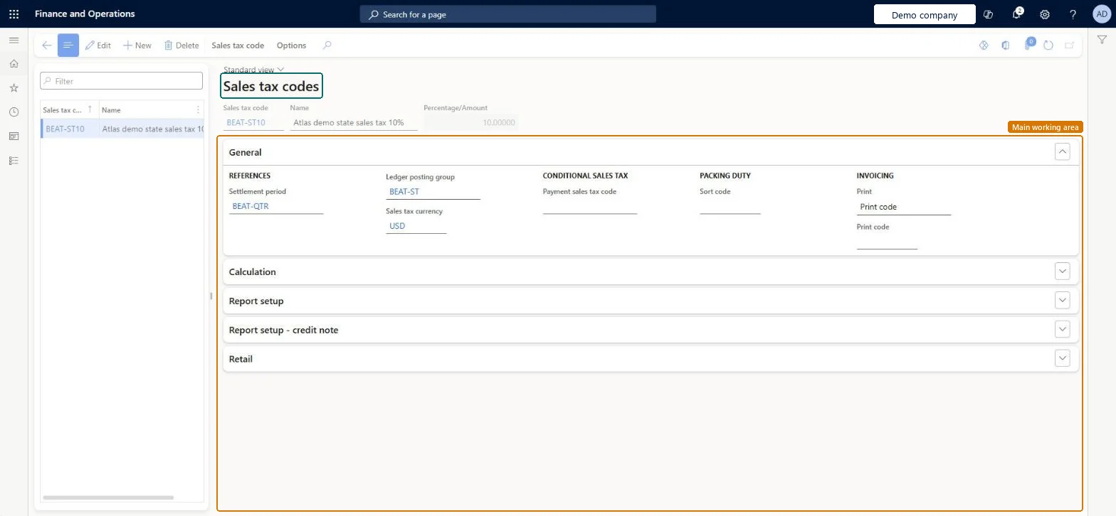 Sales tax codes page in Dynamics 365