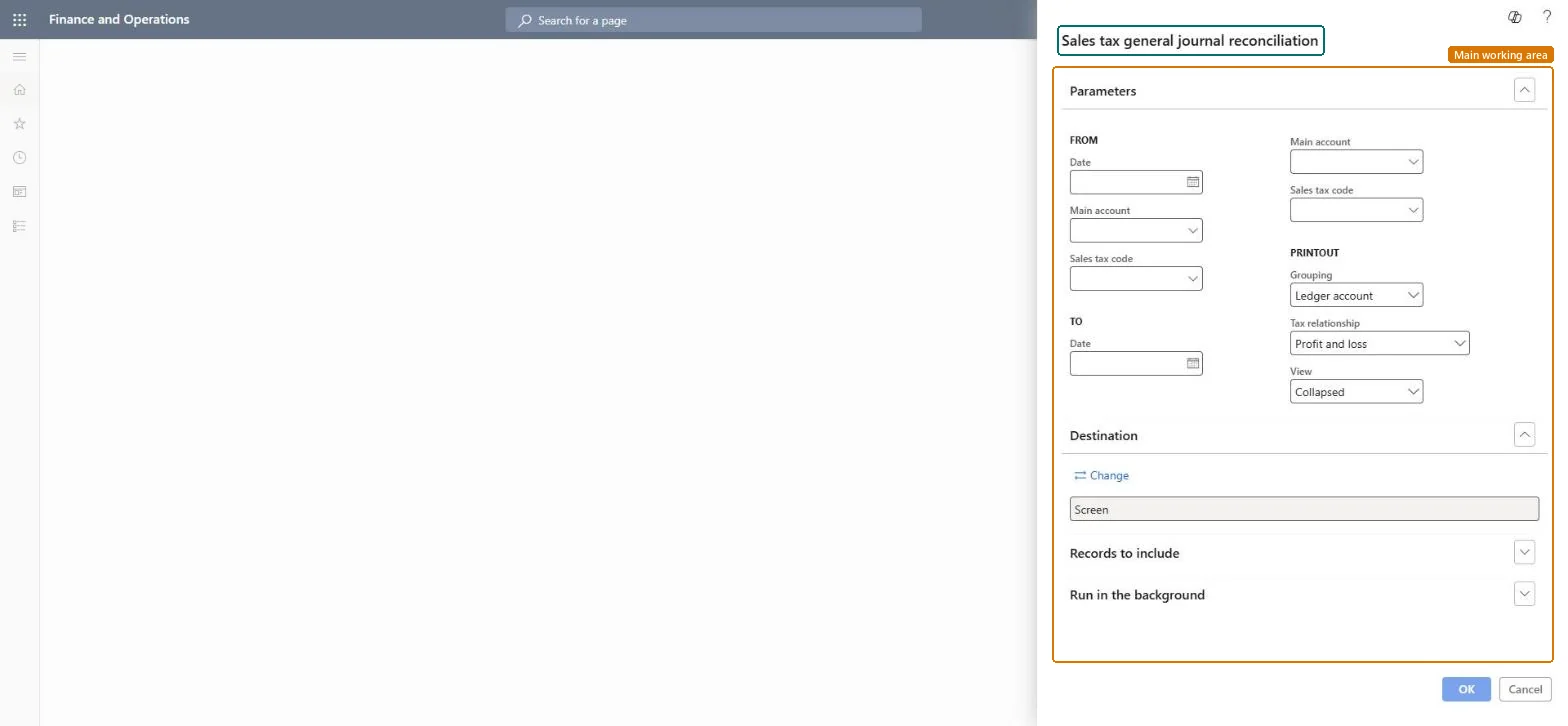 Sales tax general journal reconciliation page in Dynamics 365