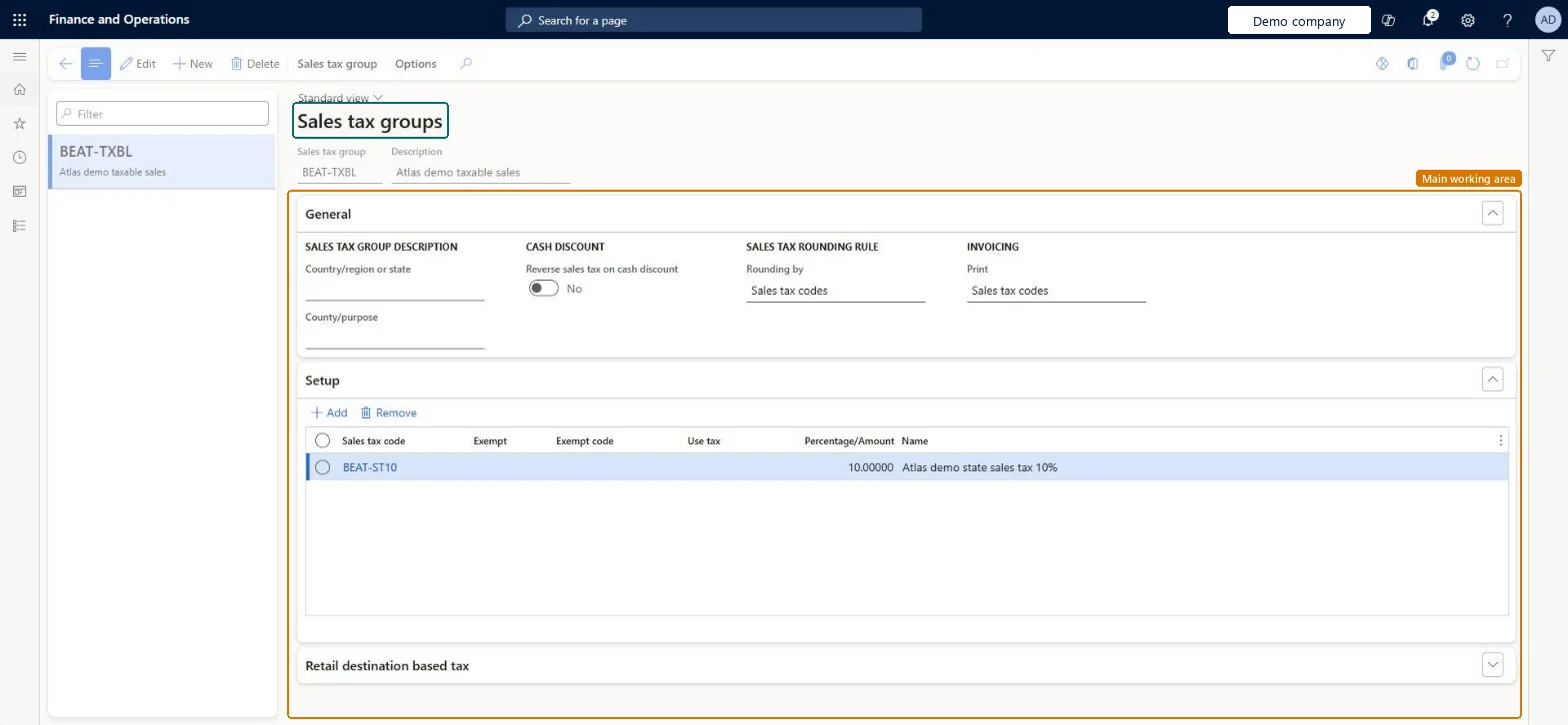 Sales tax groups page in Dynamics 365