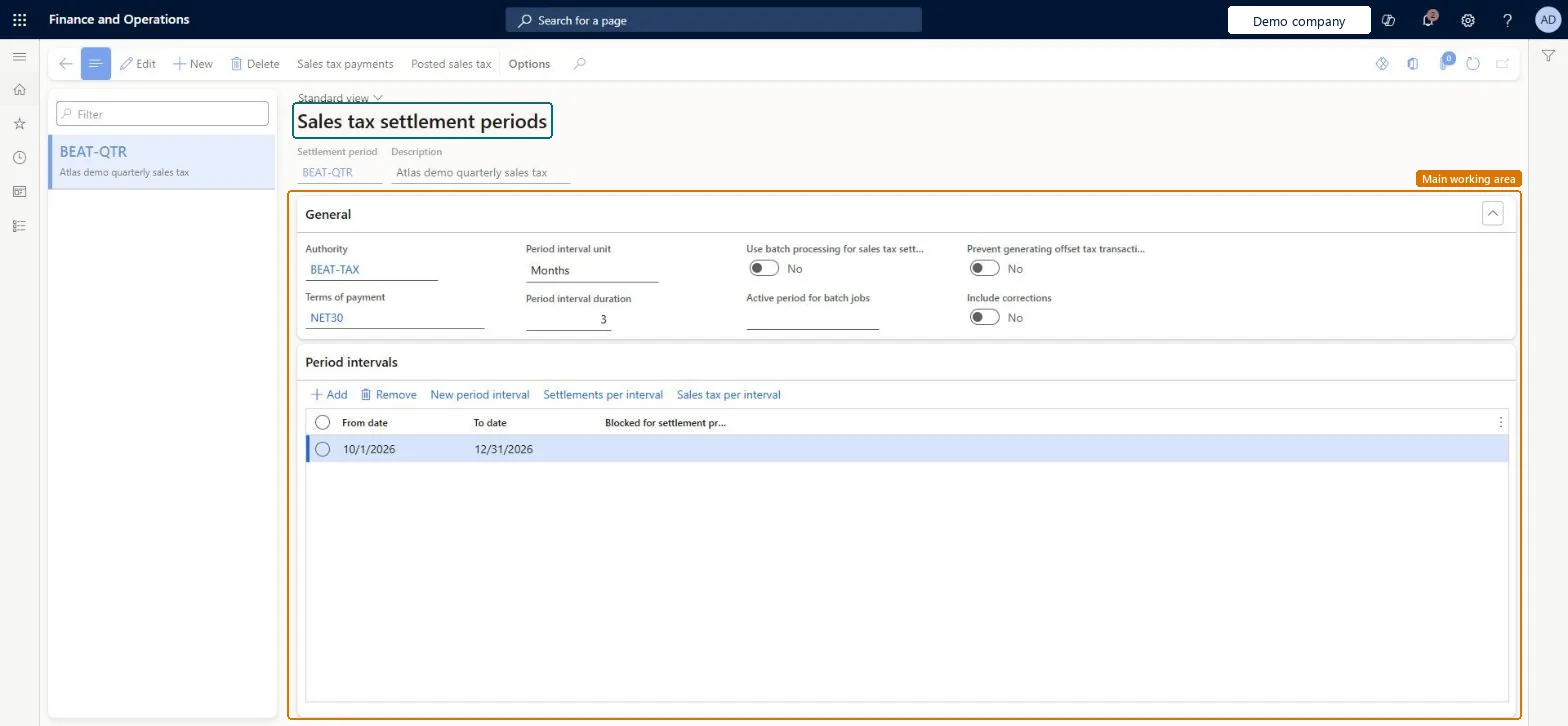 Sales tax settlement periods page in Dynamics 365