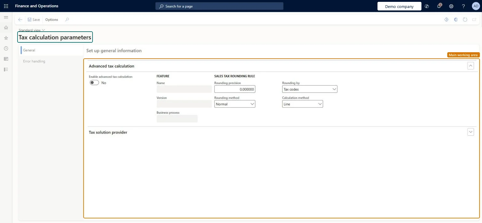 Tax calculation parameters page in Dynamics 365