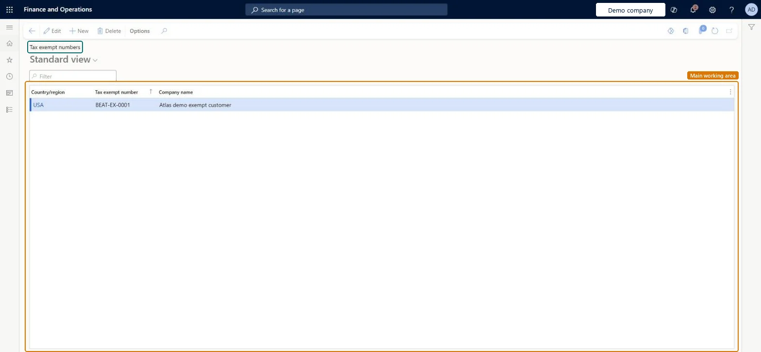 Tax exempt numbers page in Dynamics 365