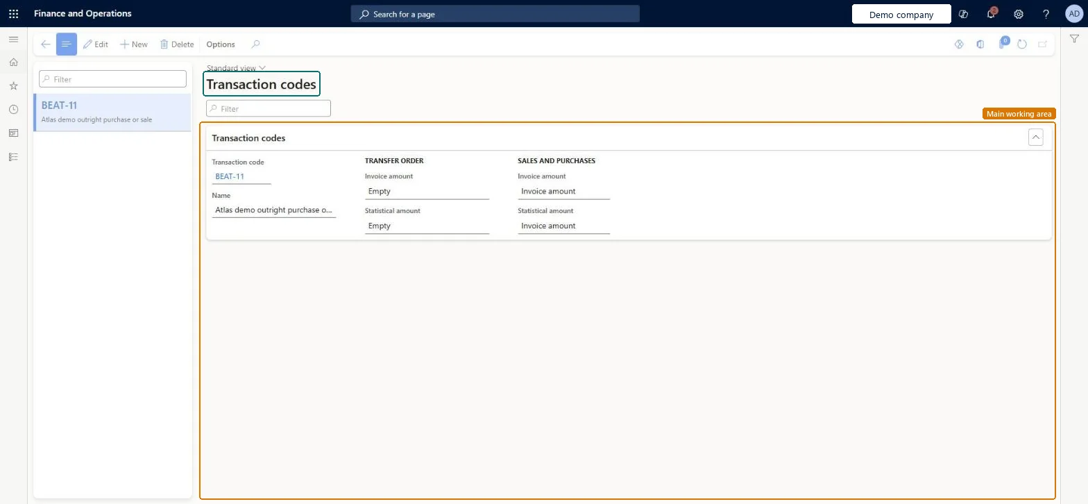 Transaction codes page in Dynamics 365