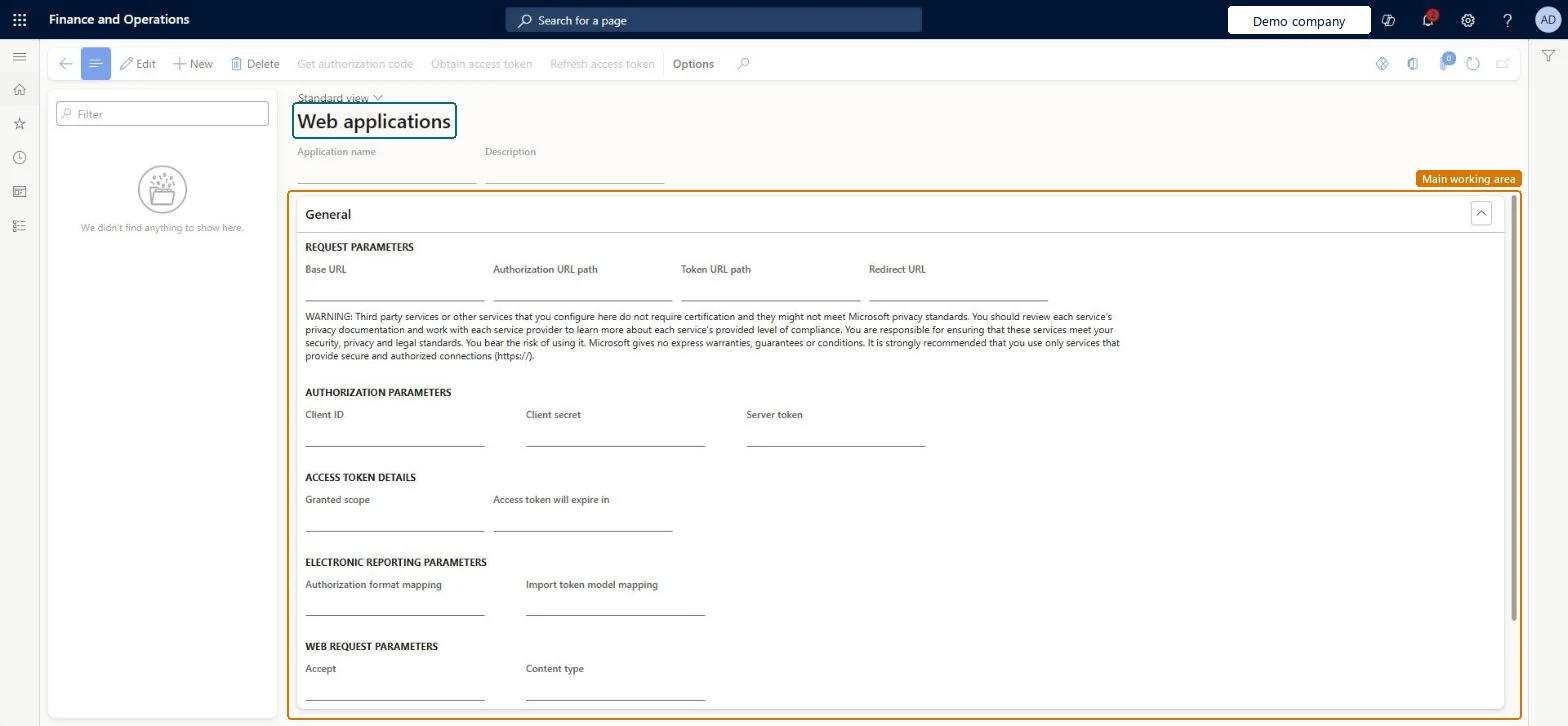 Web applications page in Dynamics 365