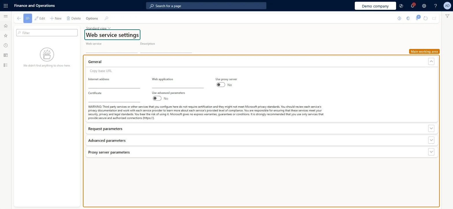 Web service settings page in Dynamics 365