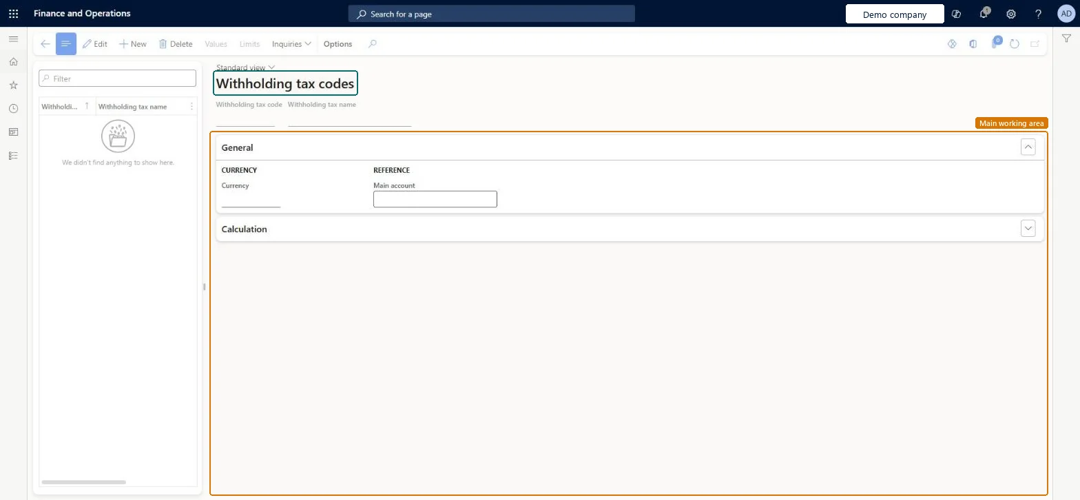 Withholding tax codes page in Dynamics 365