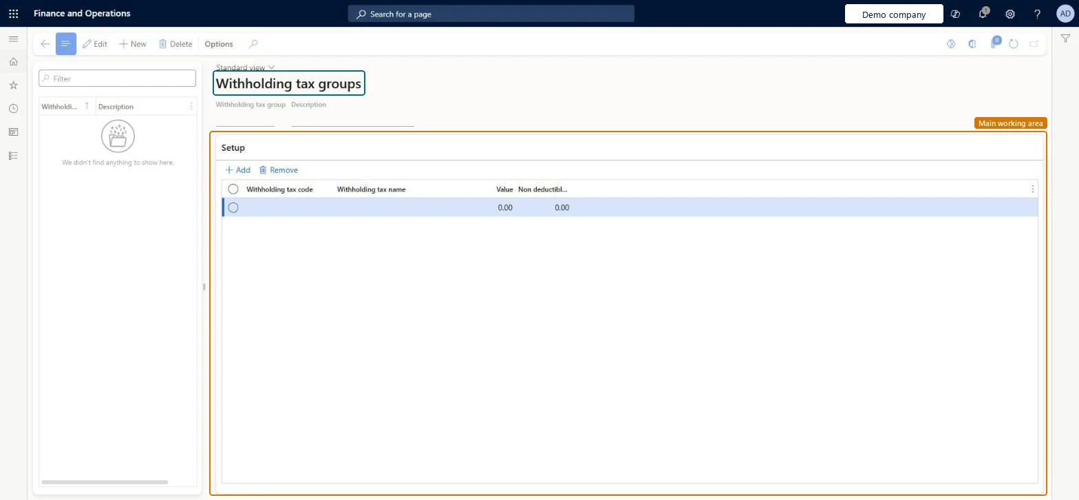 Withholding tax groups page in Dynamics 365