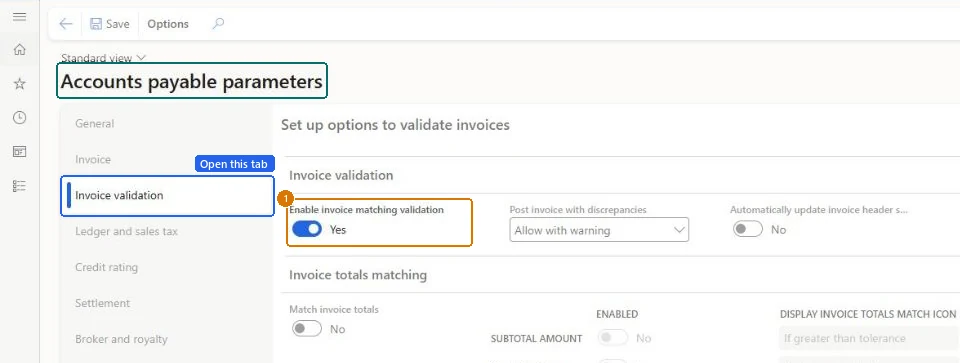 Turn on invoice matching validation (zoomed on the outlined fields)