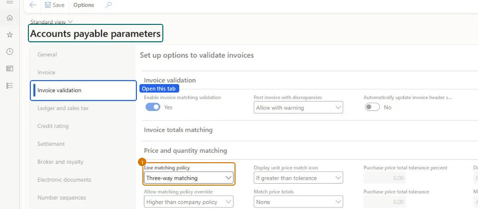 Set the line matching policy (zoomed on the outlined fields)