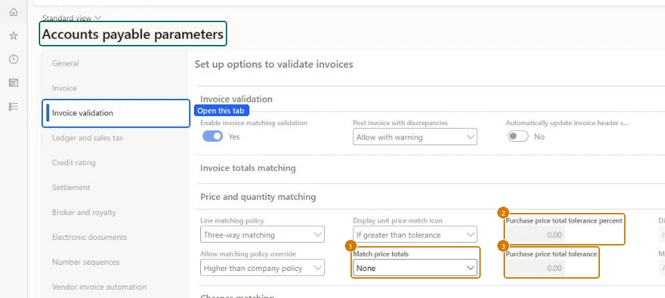 Set price total matching and its tolerances (zoomed on the outlined fields)