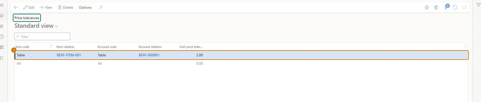 Add the item and vendor price tolerance (zoomed on the outlined fields)