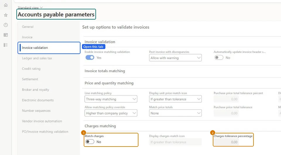Set the charges matching tolerance (zoomed on the outlined fields)