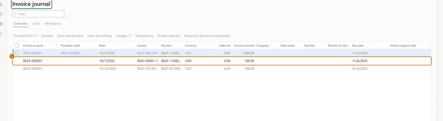 Post the generated invoice and find it in the invoice journal (zoomed on the outlined fields)