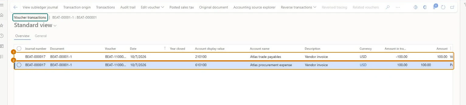 Check the general ledger voucher (zoomed on the outlined fields)