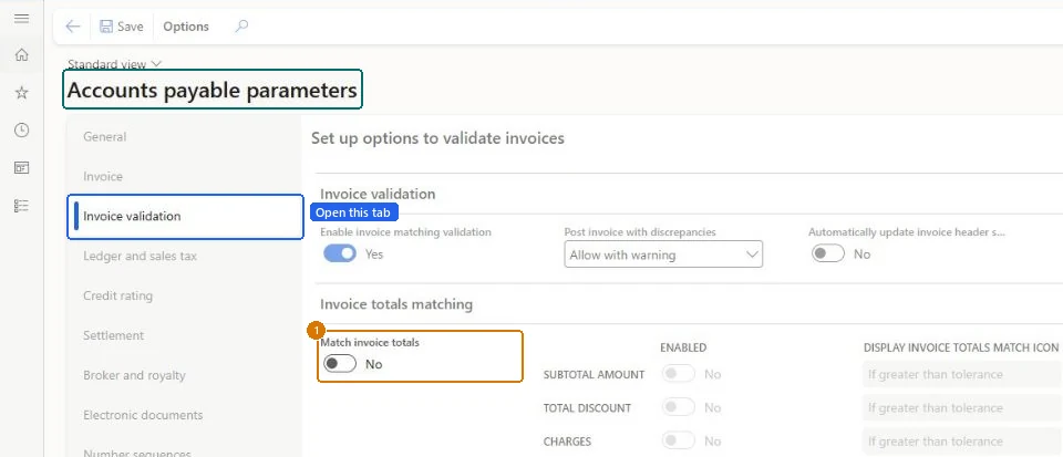 Set invoice totals matching (zoomed on the outlined fields)