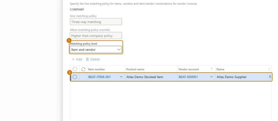 Set the matching policy for the item and vendor (zoomed on the outlined fields)