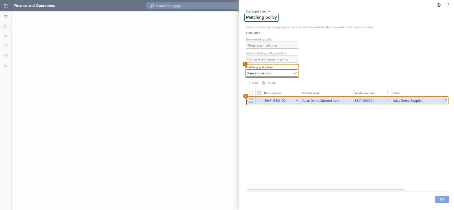 Set the matching policy for the item and vendor
