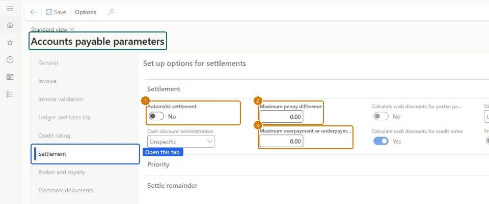 Set automatic settlement and settlement limits (zoomed on the outlined fields)