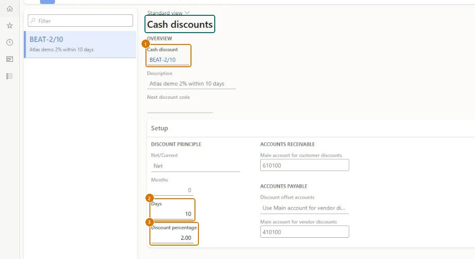 Create the cash discount (zoomed on the outlined fields)