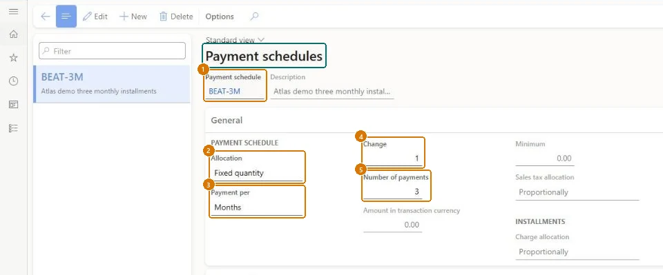 Create the payment schedule (zoomed on the outlined fields)