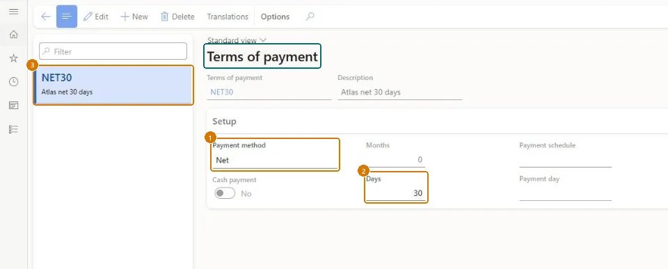 Create the net 30 payment terms (zoomed on the outlined fields)