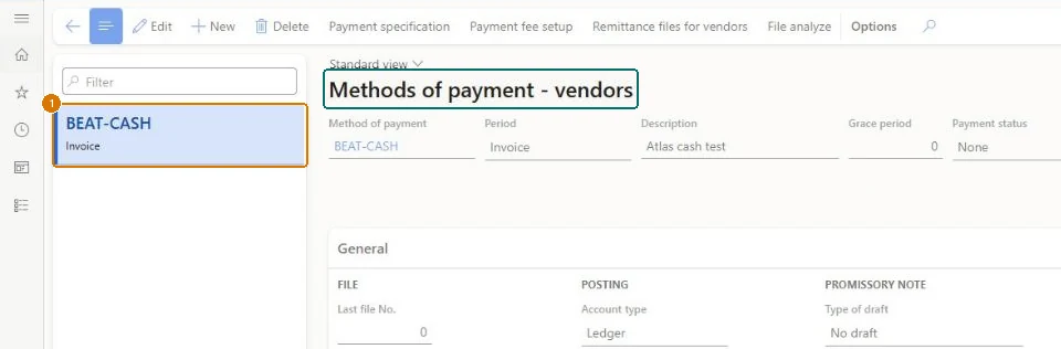 Create the vendor method of payment (zoomed on the outlined fields)