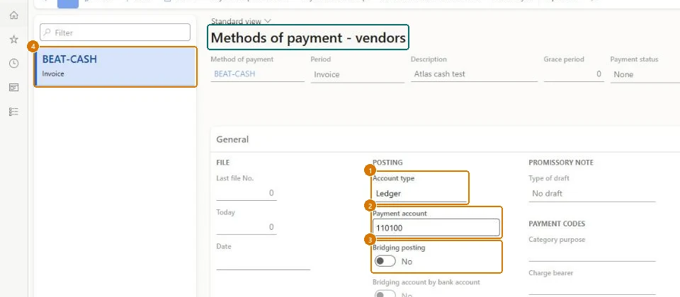 Set the payment posting account (zoomed on the outlined fields)