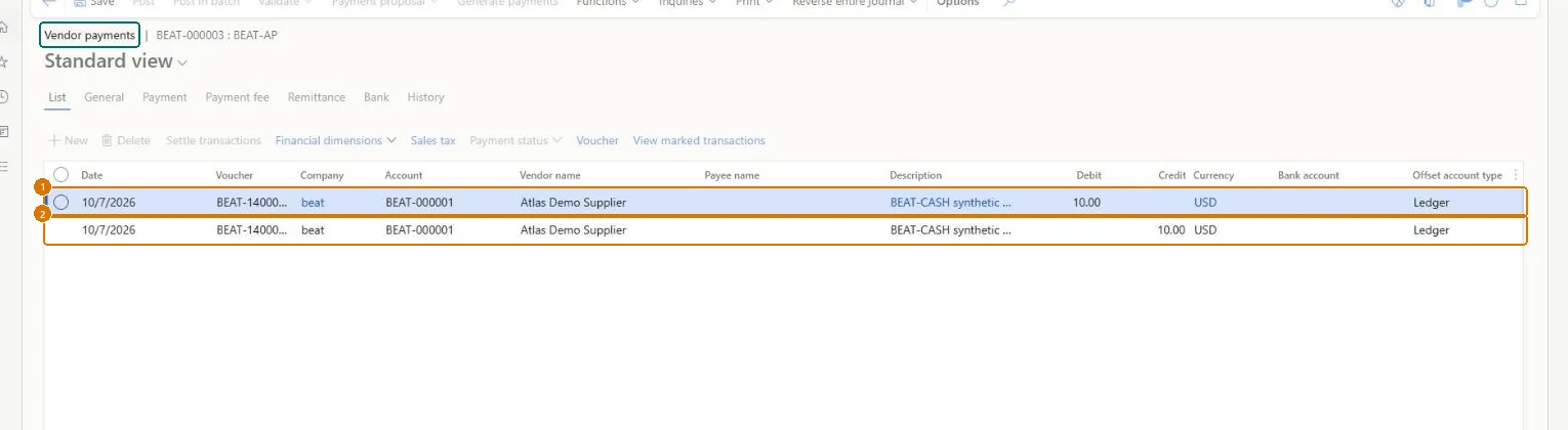 Post a test vendor payment with the method (zoomed on the outlined fields)
