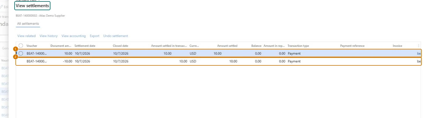 Check that the two payments settled (zoomed on the outlined fields)