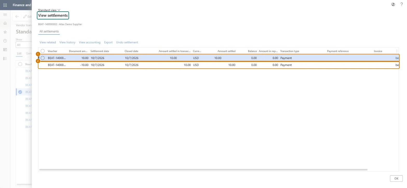 Check that the two payments settled
