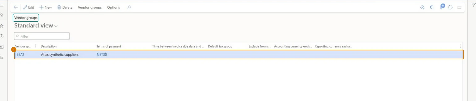 Create the vendor group (zoomed on the outlined fields)