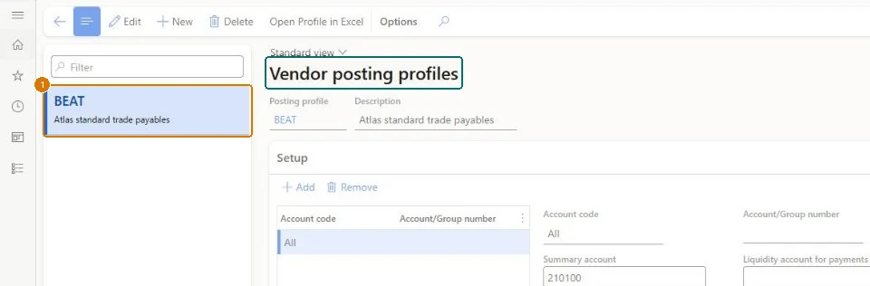 Create the vendor posting profile (zoomed on the outlined fields)