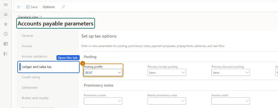 Set the default vendor posting profile (zoomed on the outlined fields)