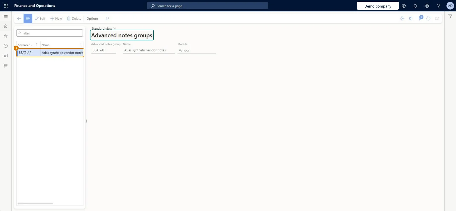 Create the vendor advanced notes group