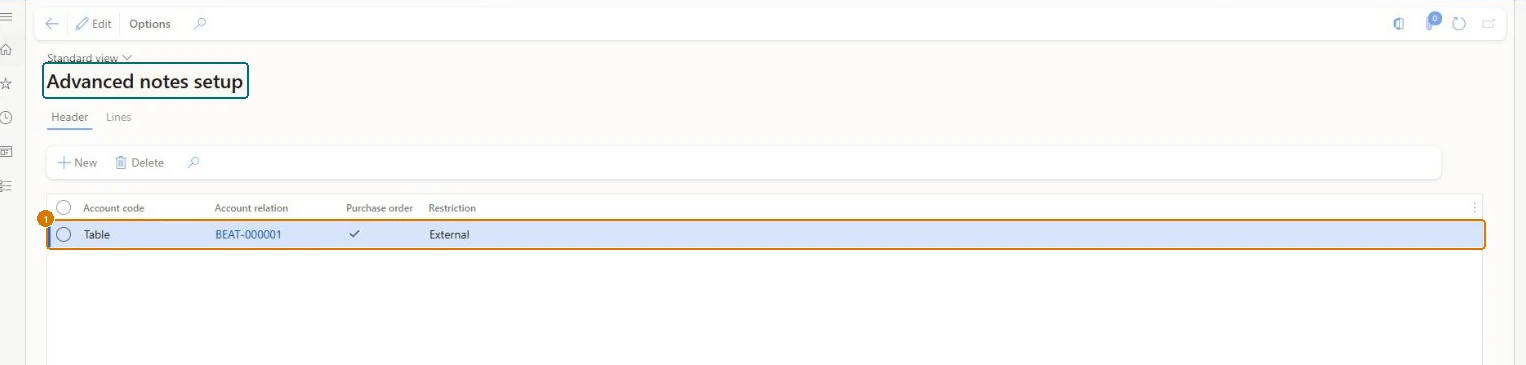 Set up the vendor advanced note (zoomed on the outlined fields)