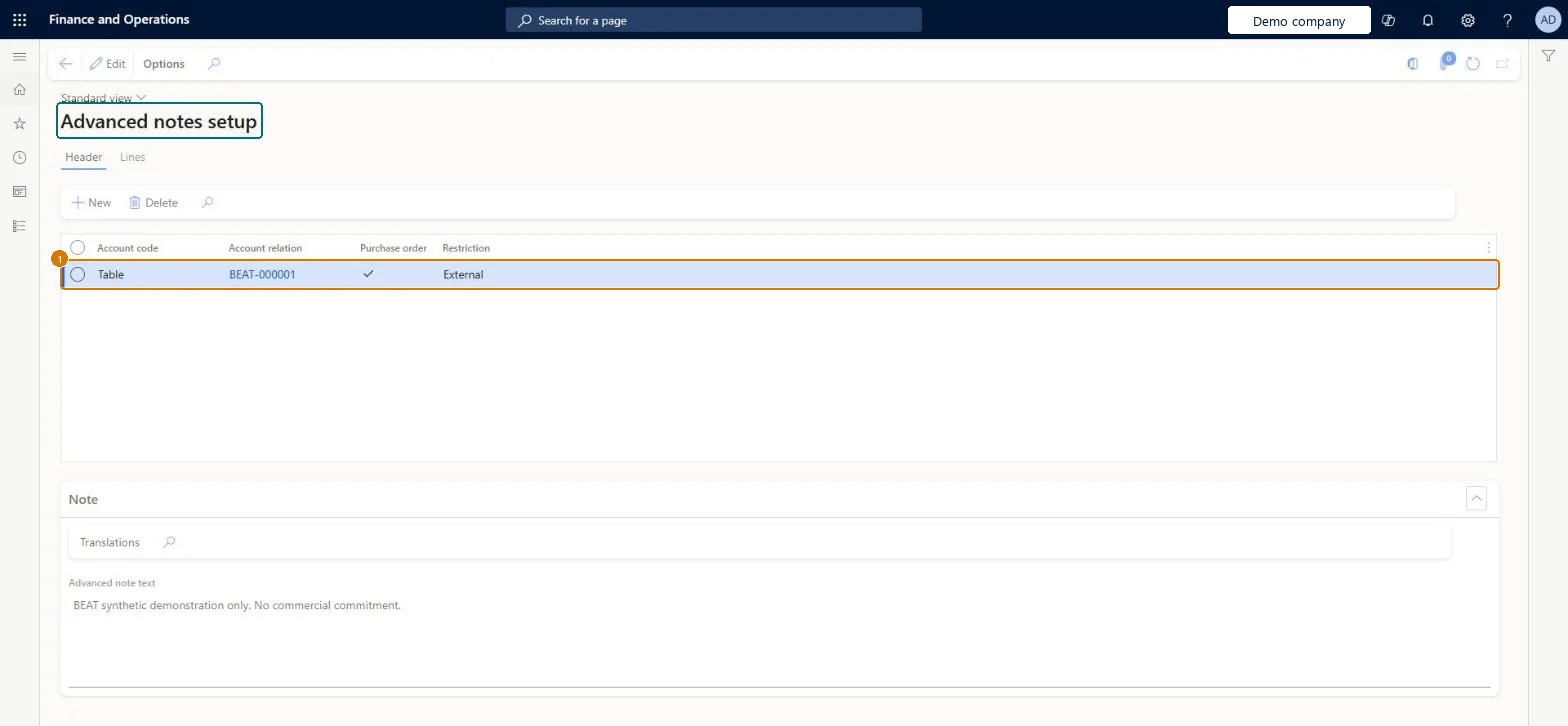 Set up the vendor advanced note