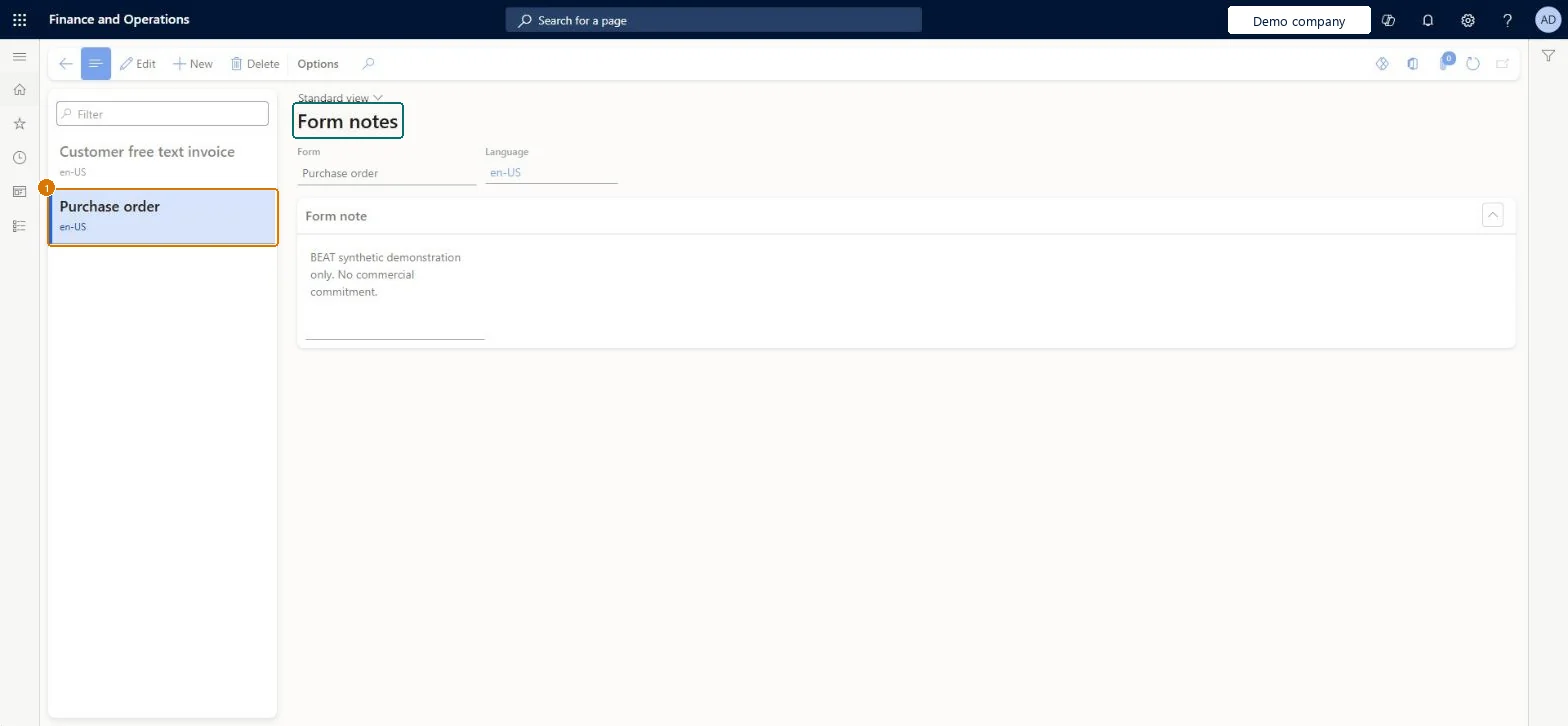 Add the purchase order form note
