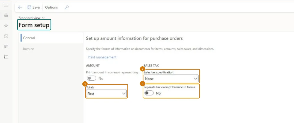 Set the purchase order form options (zoomed on the outlined fields)