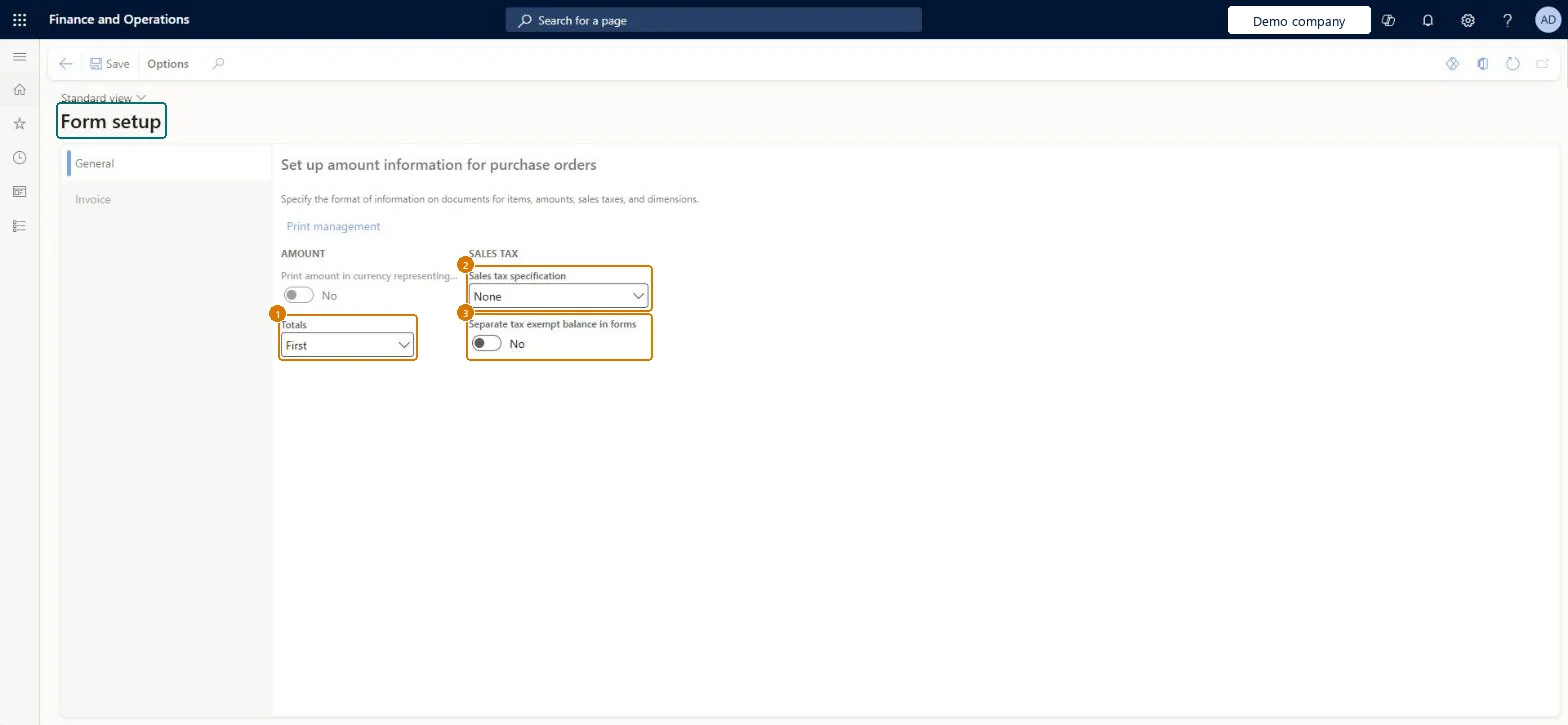 Set the purchase order form options