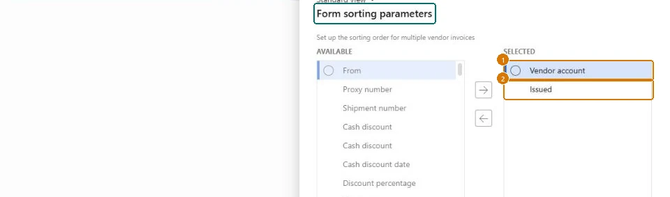 Choose the form sorting order (zoomed on the outlined fields)
