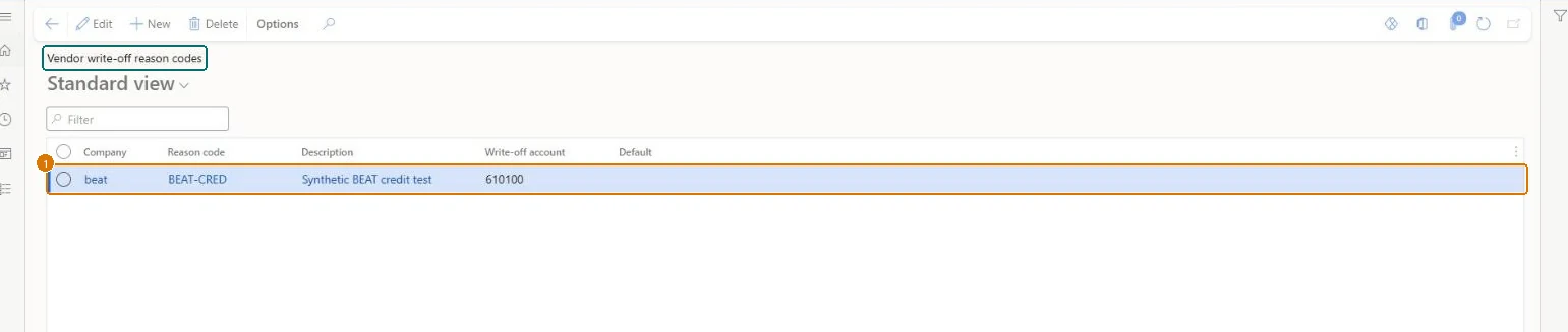 Create the vendor write-off reason code (zoomed on the outlined fields)