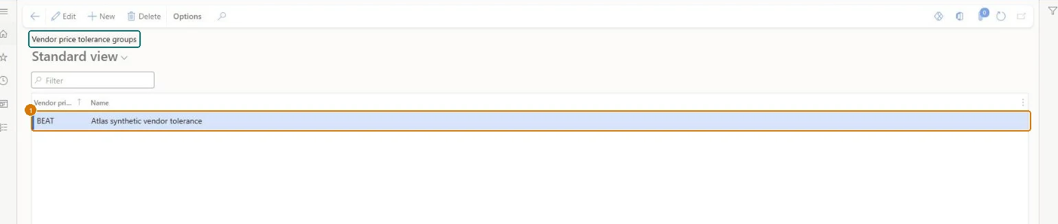Create the vendor price tolerance group (zoomed on the outlined fields)