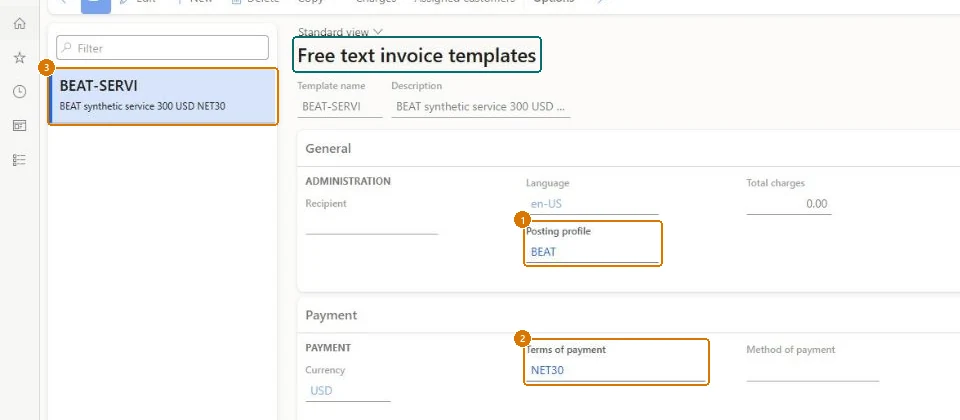 Create the free text invoice template (zoomed on the outlined fields)