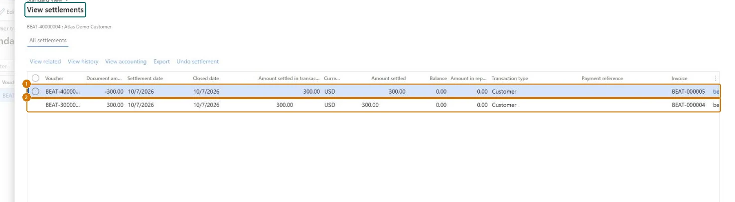 Check the invoice settlement (zoomed on the outlined fields)