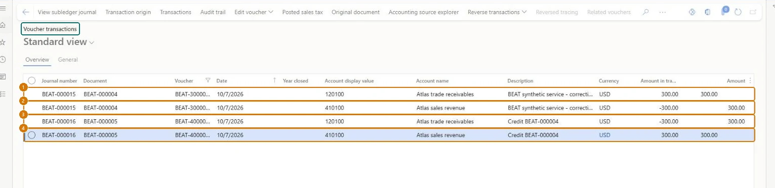 Check the ledger vouchers (zoomed on the outlined fields)