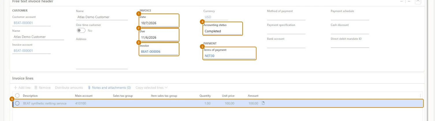 Check the second posted invoice (zoomed on the outlined fields)